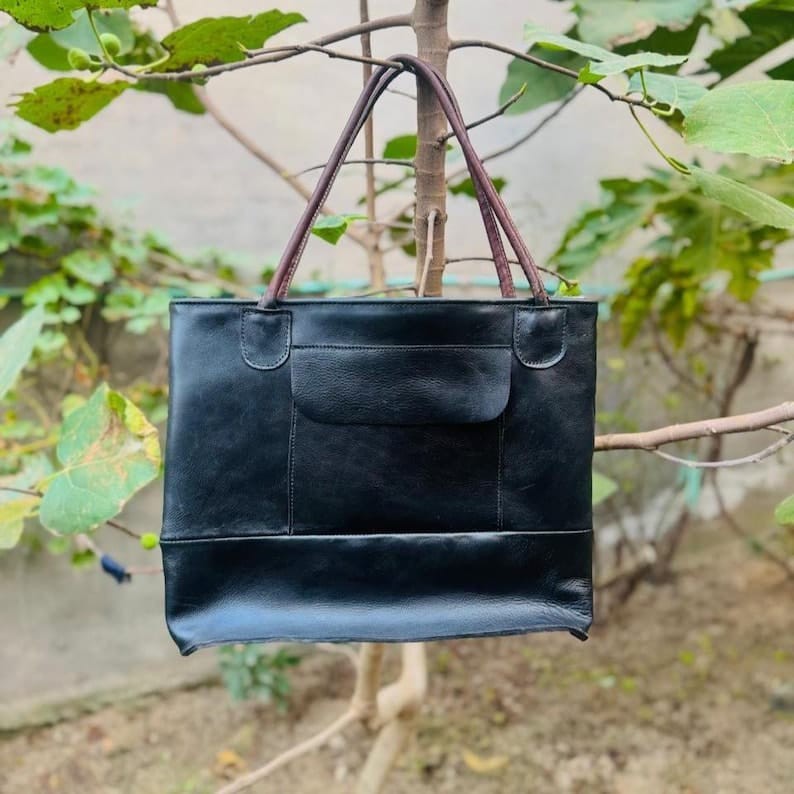 Genuine Cowhide Leather Tote Bag Black & White Hair-On Hide Shoulder Handbag 17″