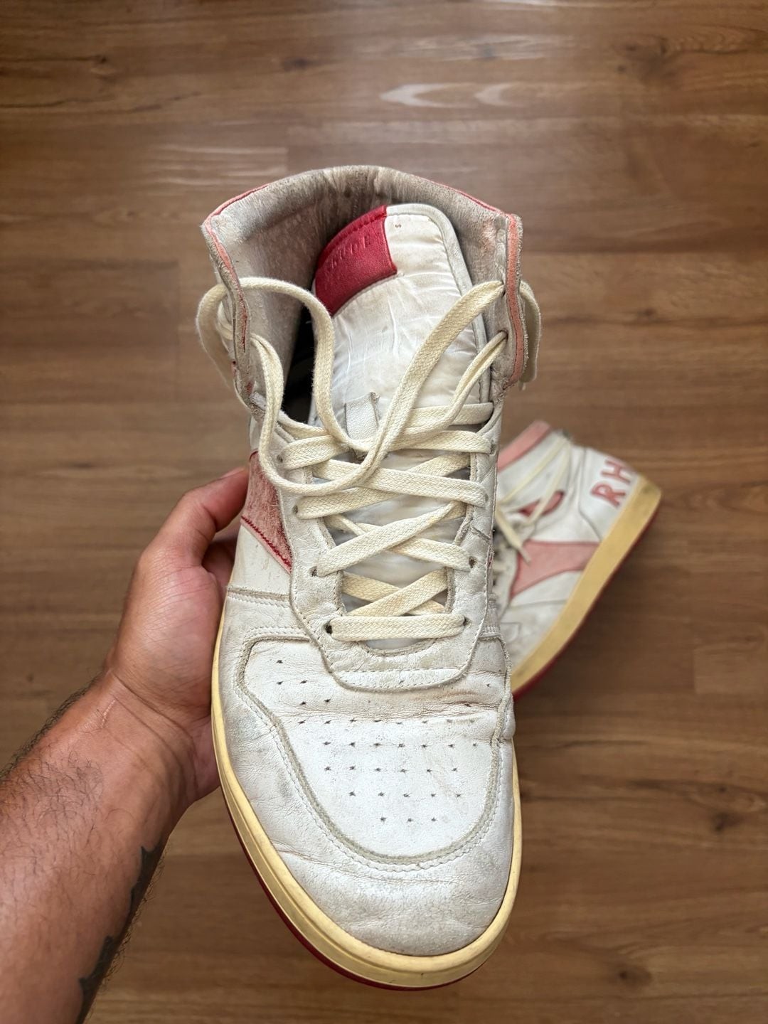 Rhude Rhecess High-Top Sneakers in White and Red