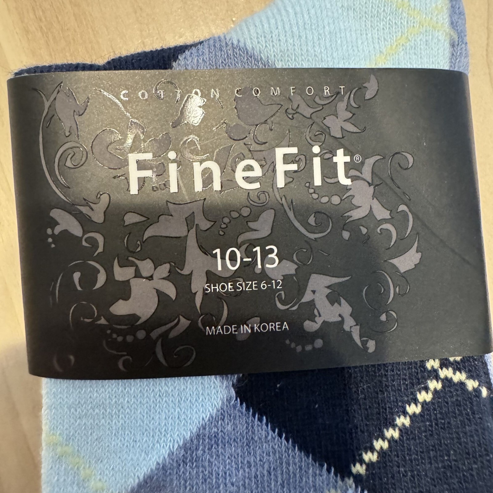 NWT FineFit Blue Black Argyle Knit Crew Socks Mens 10-13