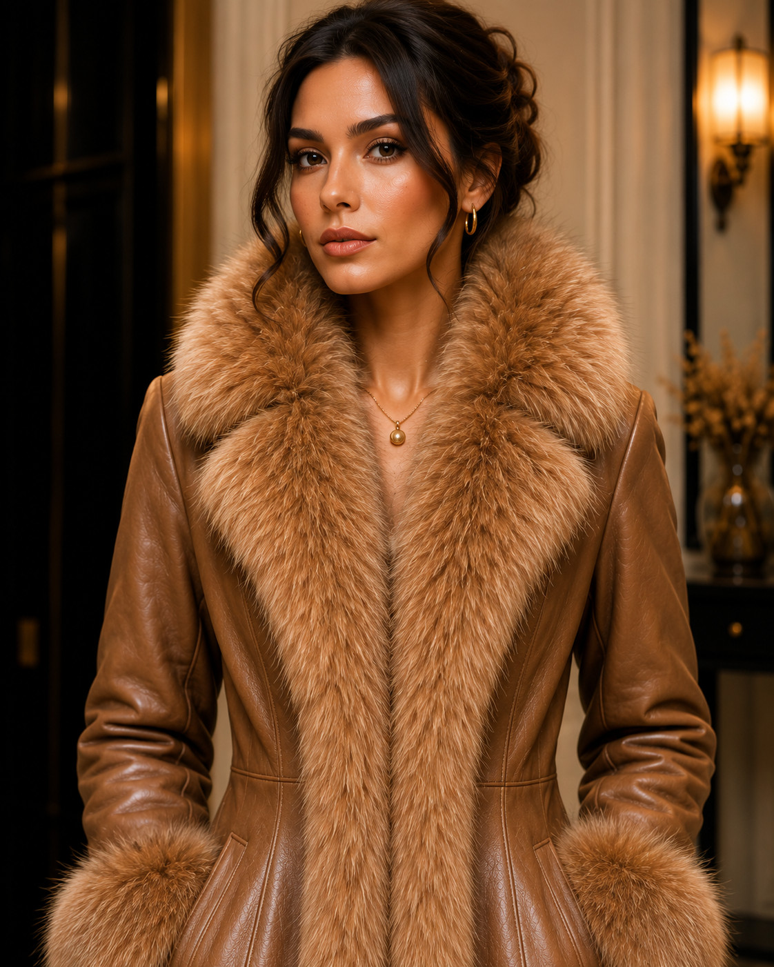 Womens Brown Leather Long Coat – Faux Fur Winter – Collar Trim Designer Overcoat