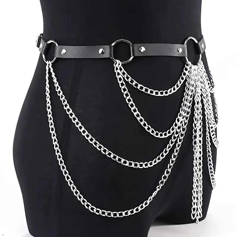 Women PU Leather O-Ring Restraint Strap Draped Harness Belt Chain Waist to32 in