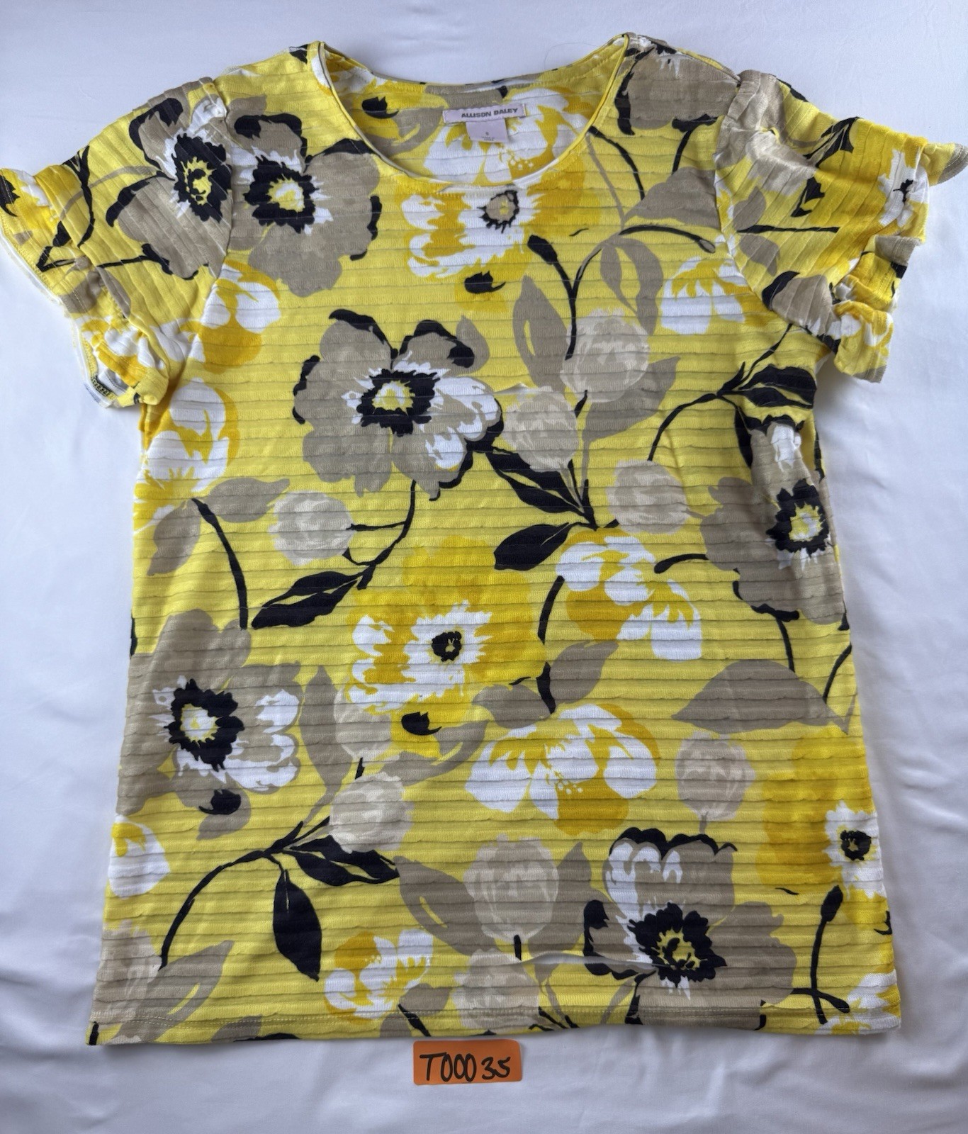 Allison Daley Women’s Small Yellow Floral Round Neck Ruffle Short Sleeve Top