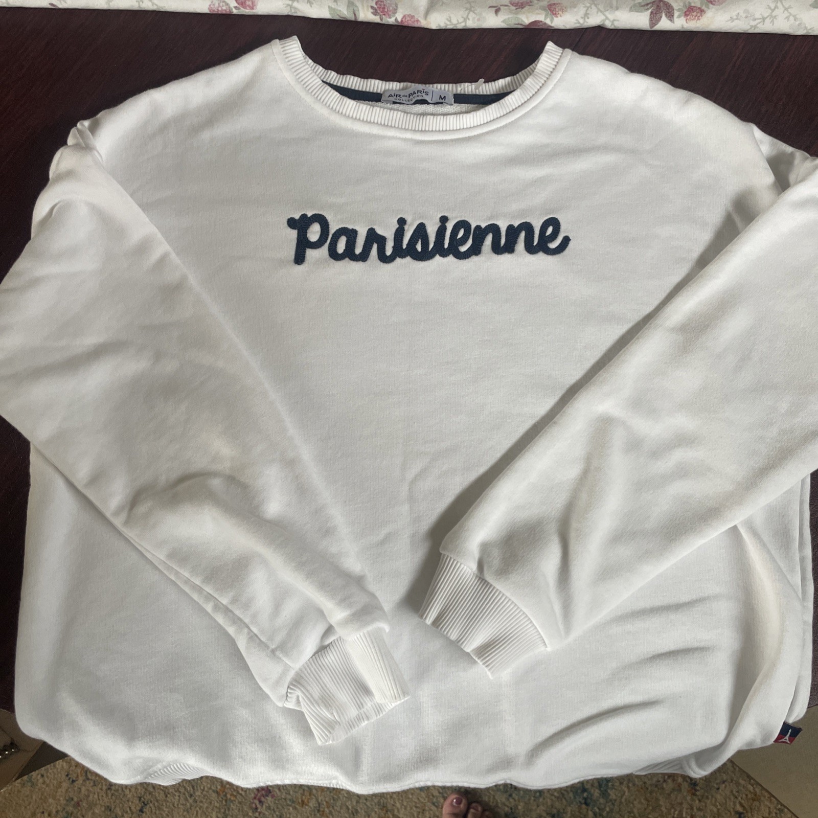 NWOT Air de Paris Parisienne Navy Embroidered White Cotton Sweatshirt Large
