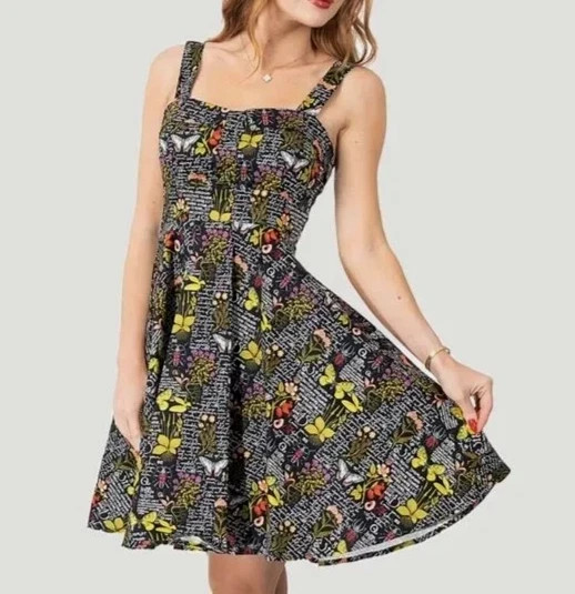 Eva Rose Botanical Butterflies Fit & Flare Pin Up Dress SZ L Black Rockabilly