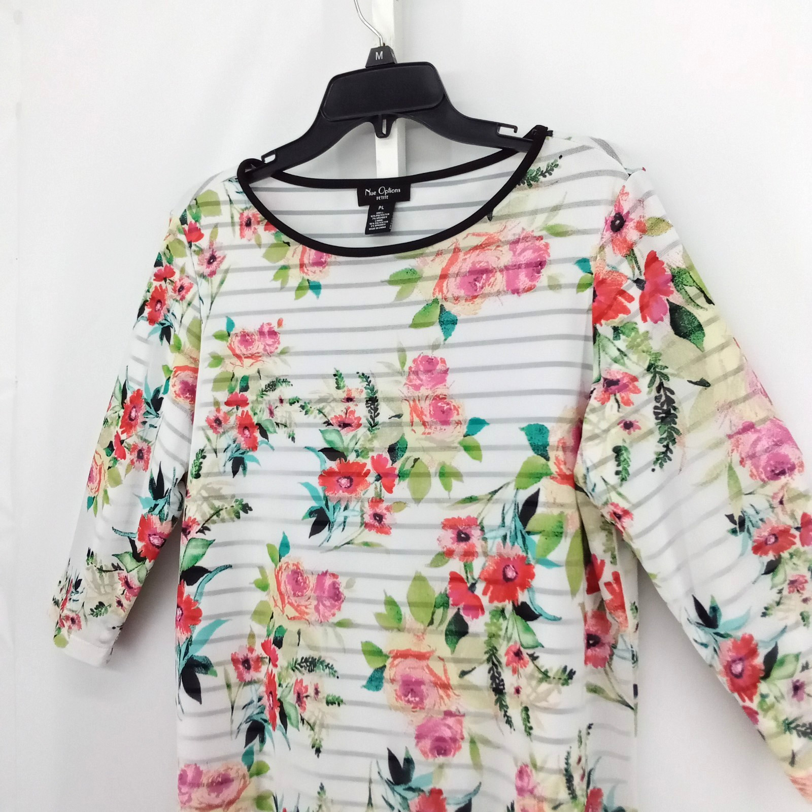 Nue Options Blouse Women Size PL White Floral Sheer Top Lined Shirt 3/4 Sleeve