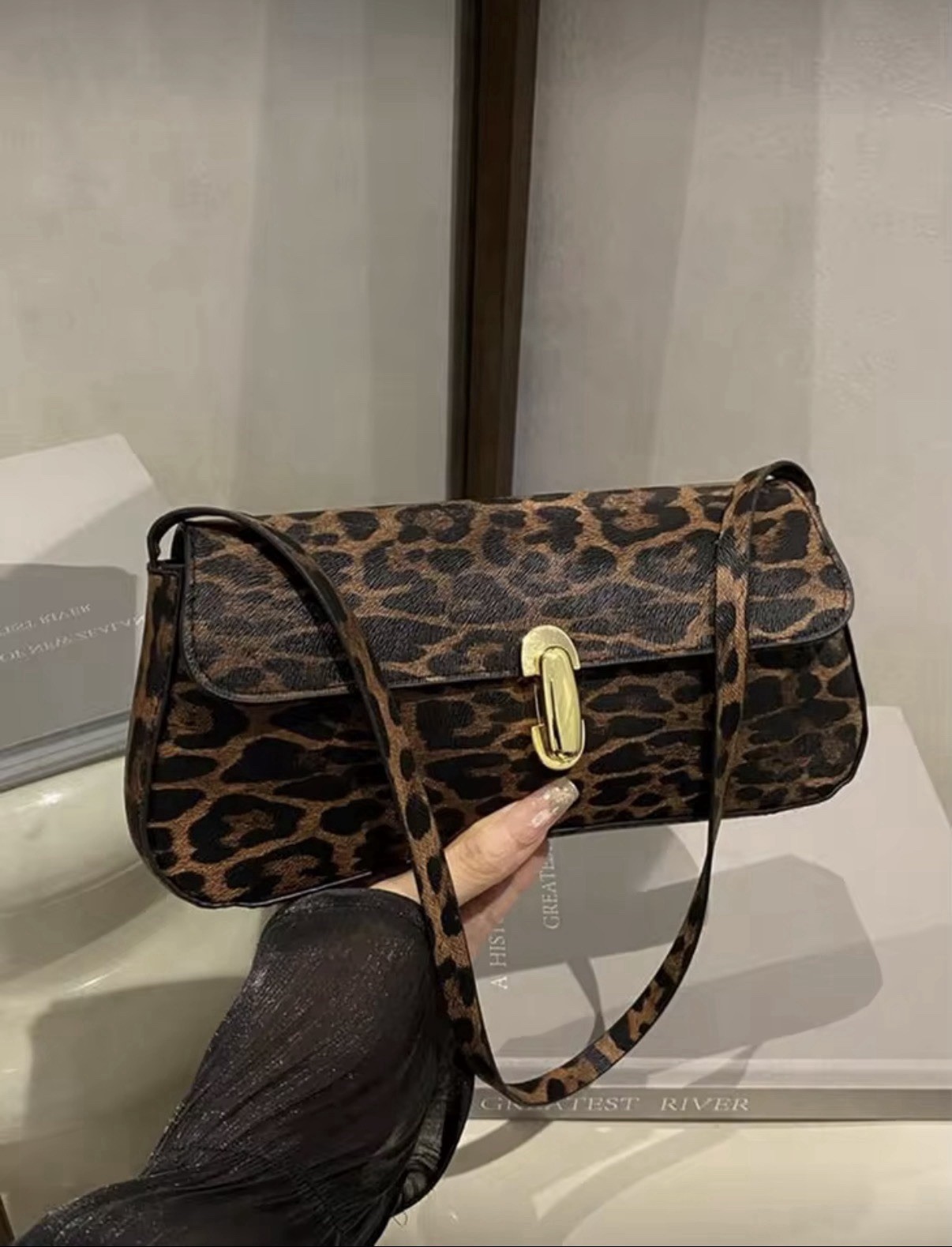 Leopard Print Small Women’s Shoulder Bag Brown/Black Gold Buckle Detachable