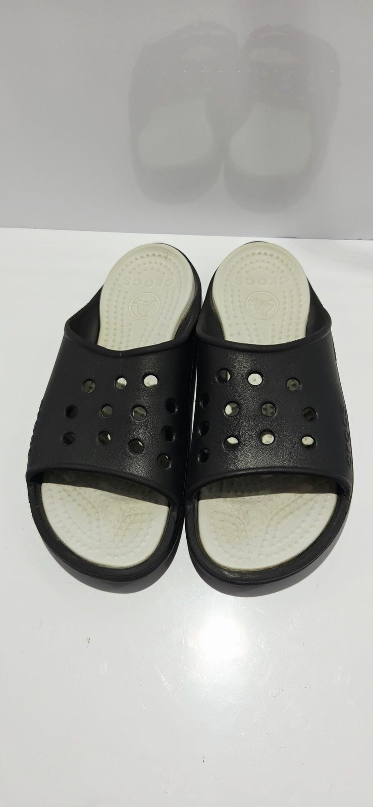 Crocs Baya Slide Sandals in Black/White, Size 13