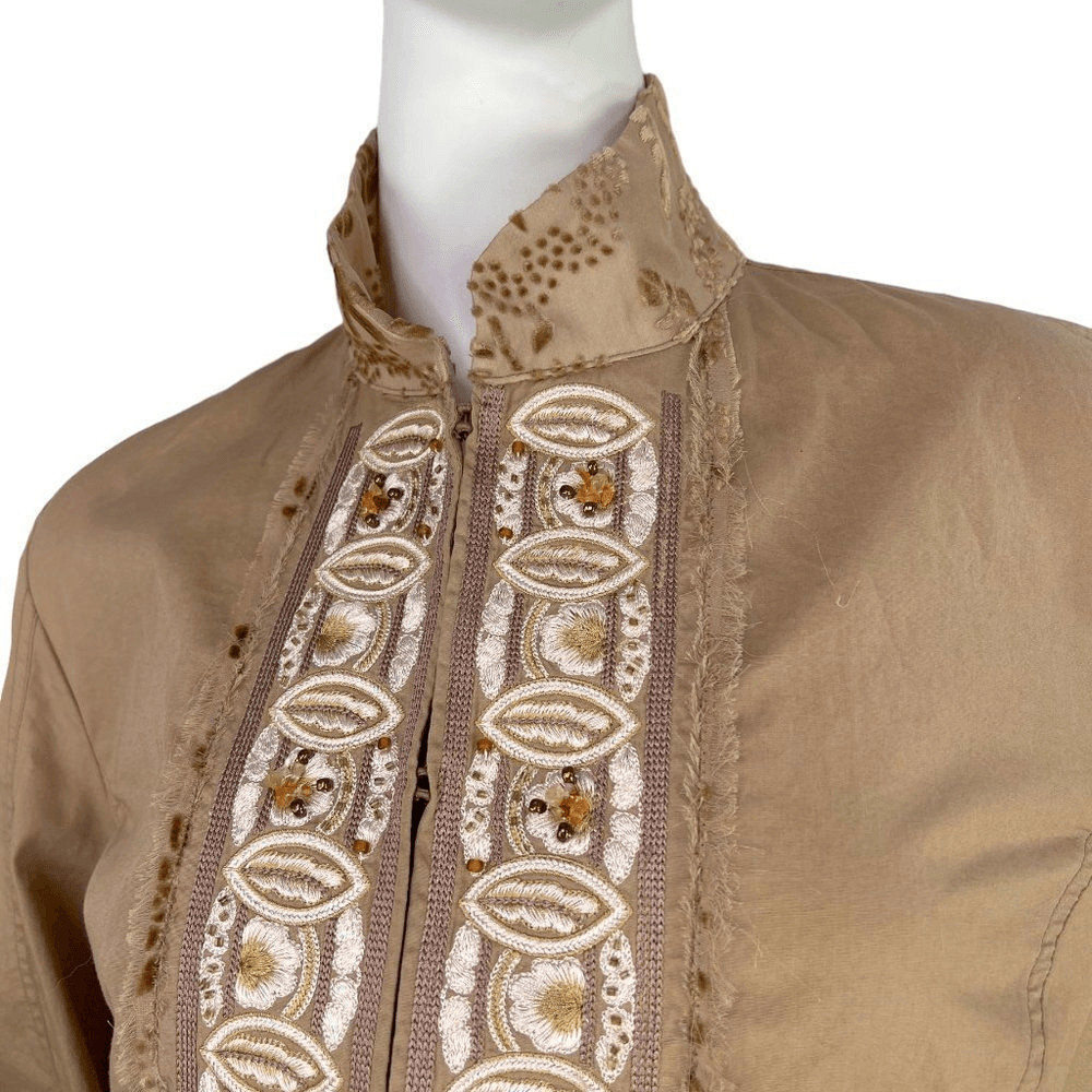 Roberto Cavalli Place Tan Floral Beaned Embroidered Shirt w/ Mandarin Collar 12