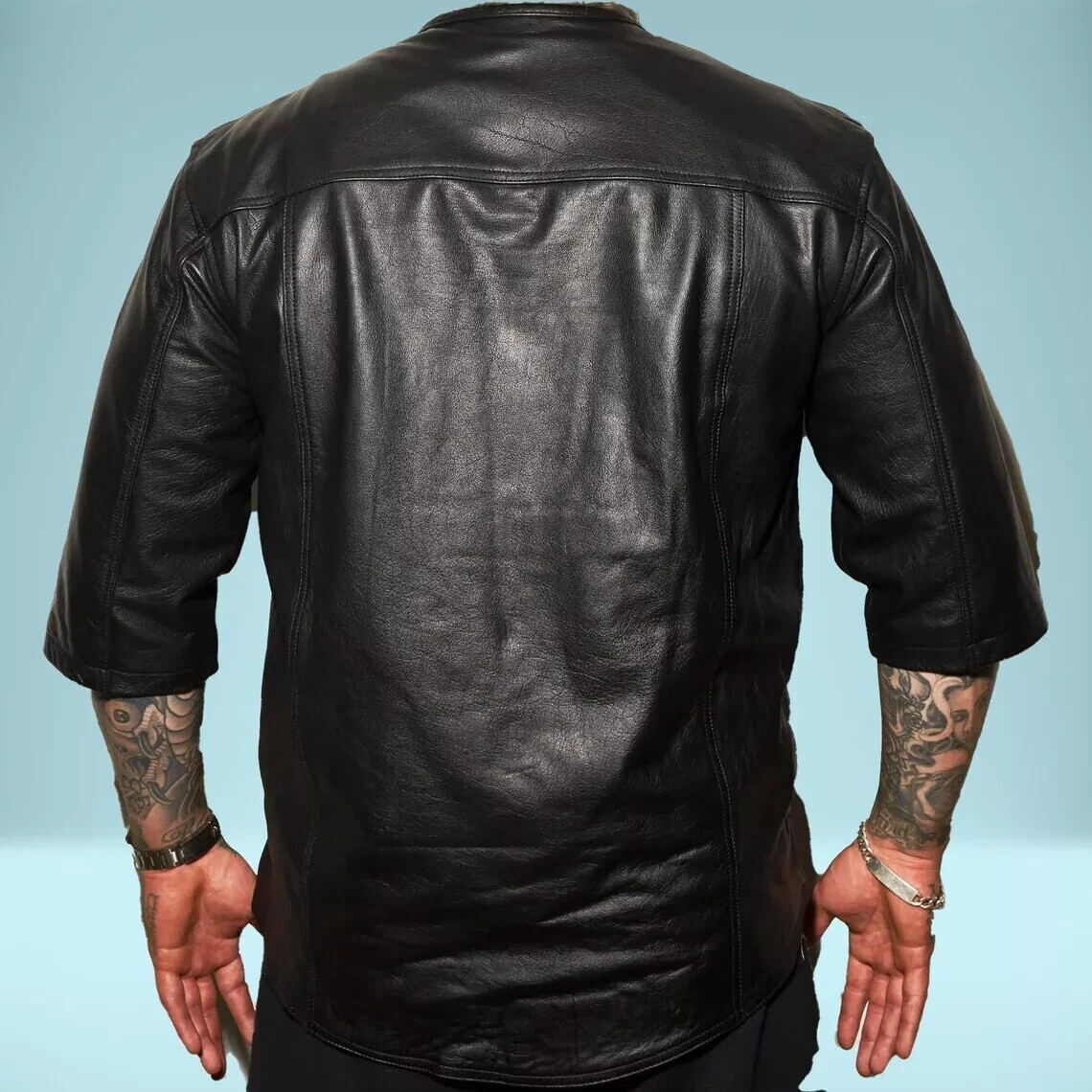 Men’s Real Lambskin Leather 3/4 Short Sleeves Shirt Round Neck Leather Shirt
