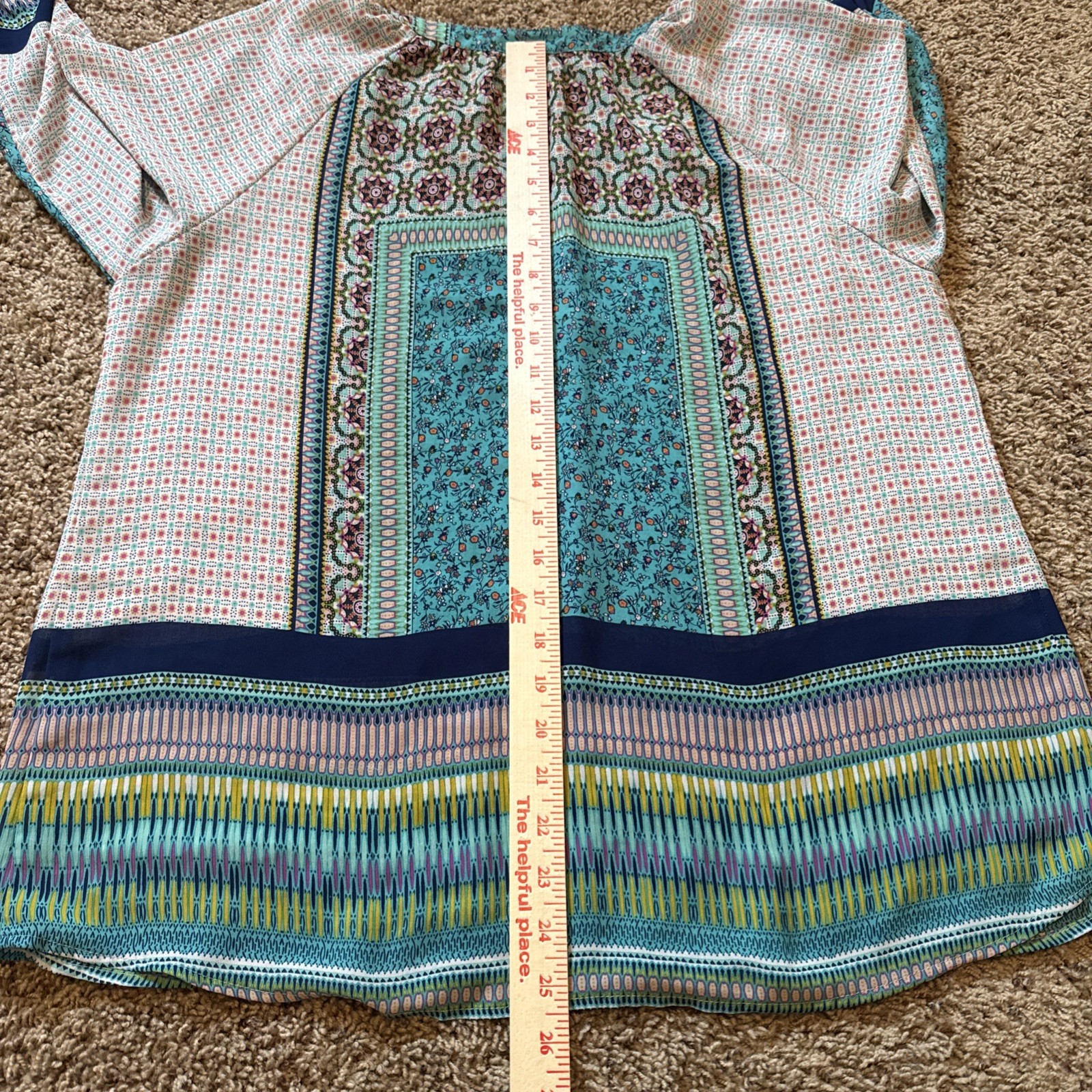Fig and Flower Womens Patchwork Floral Blouse Blue 3/4 Sleeve Top Large