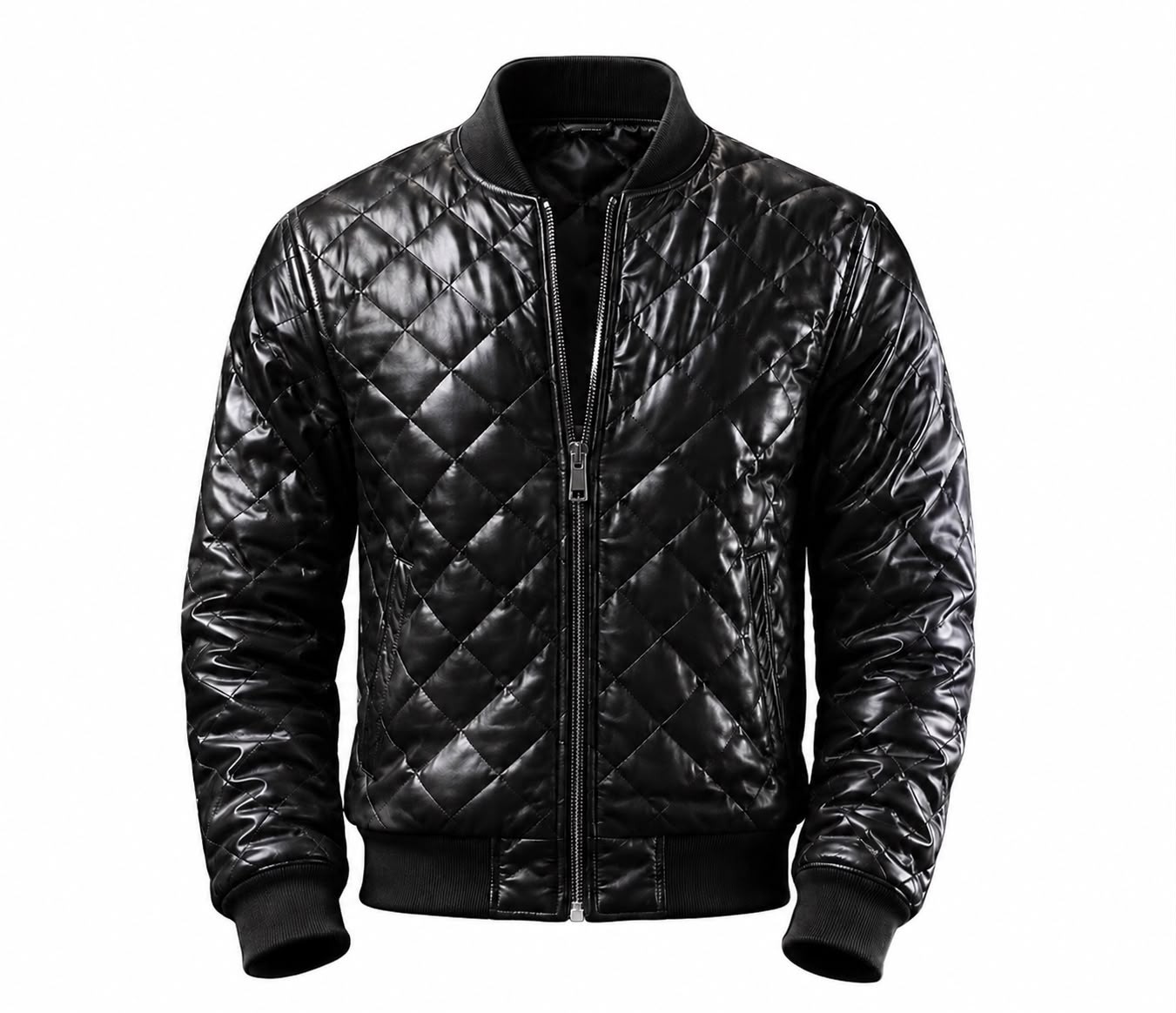 Men’s Black Diamond Quilted Leather Bomber Jacket Biker Zip Casual Motorcycle