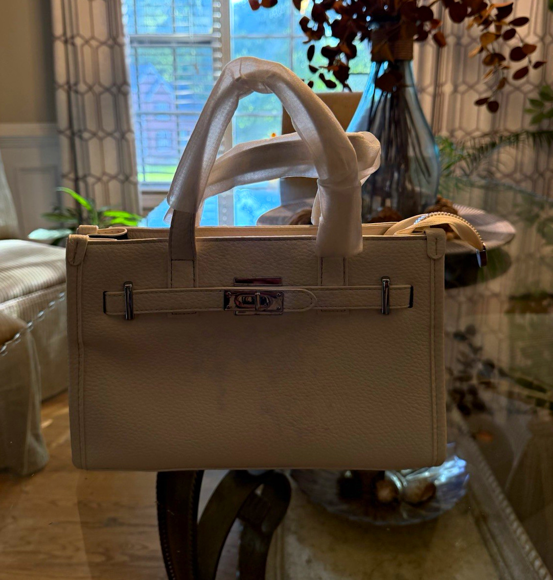 Beige Solid Small Satchel Top Handle Bag Turn Lock Gold Hardware Buckle Accent