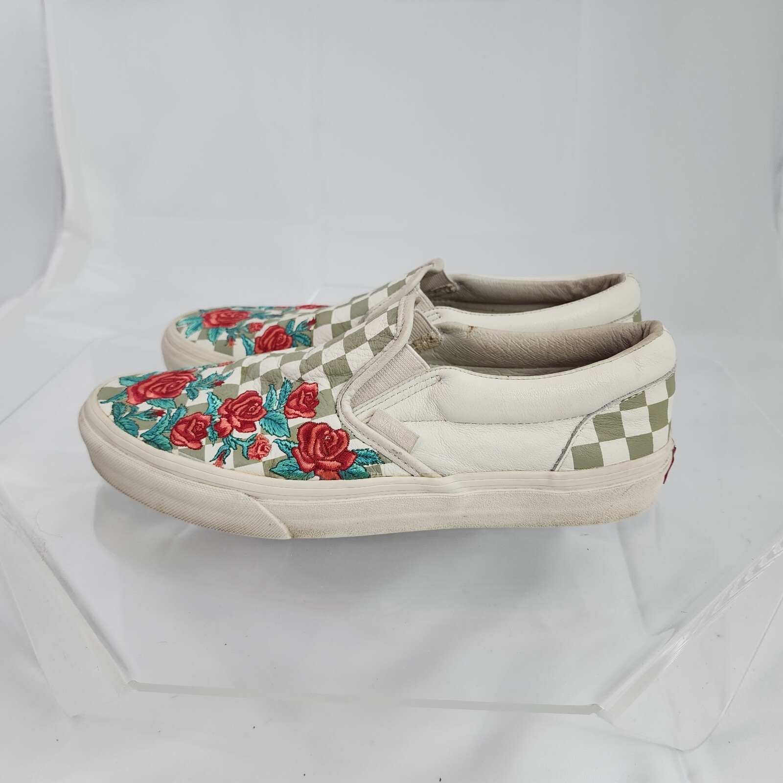 VANS Checkerboard Rose Embroidered Leather Slip On Men 8/Women 9.5 Grey Floral