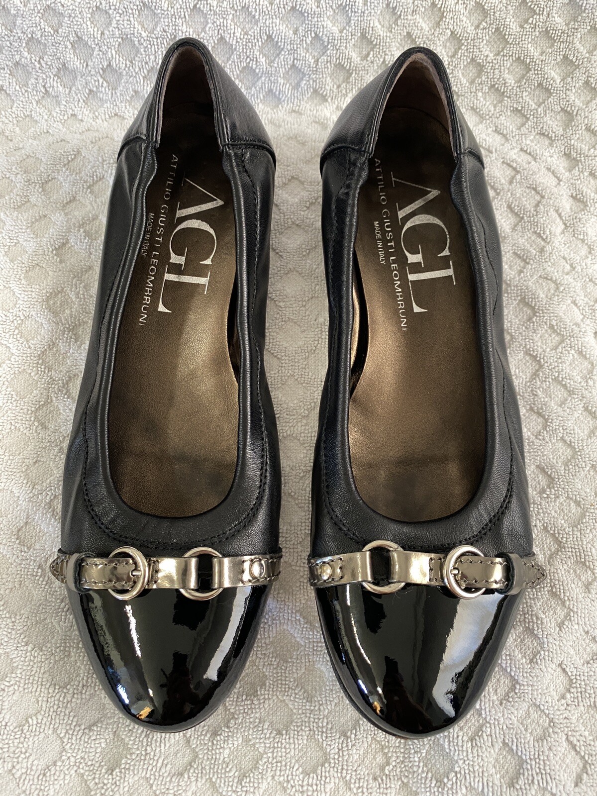 AGL Monika Cap Toe Ballet Flats Black Patent Leather Bronze Size 38.5 US 8.5