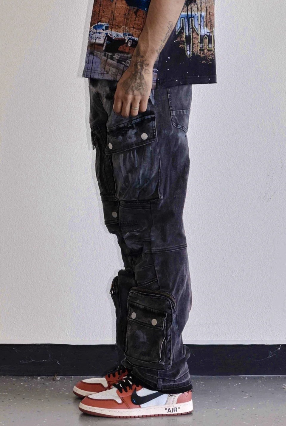 Men’s Distressed Cargo Paint Splatter Zipper Pocket Jeans Pants Stretch Black 34
