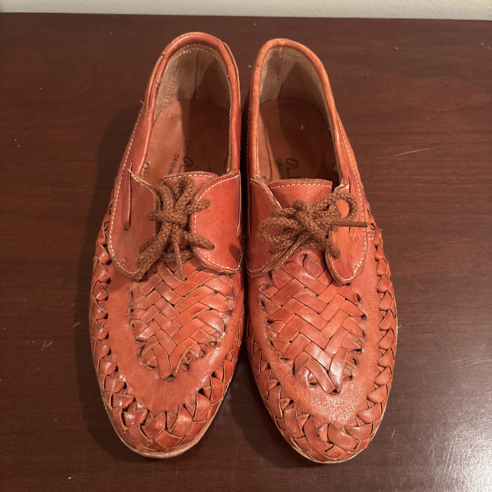 Vintage Olee Originales Tan Woven Leather Huarache Oxford Flats Lace Up Mexican