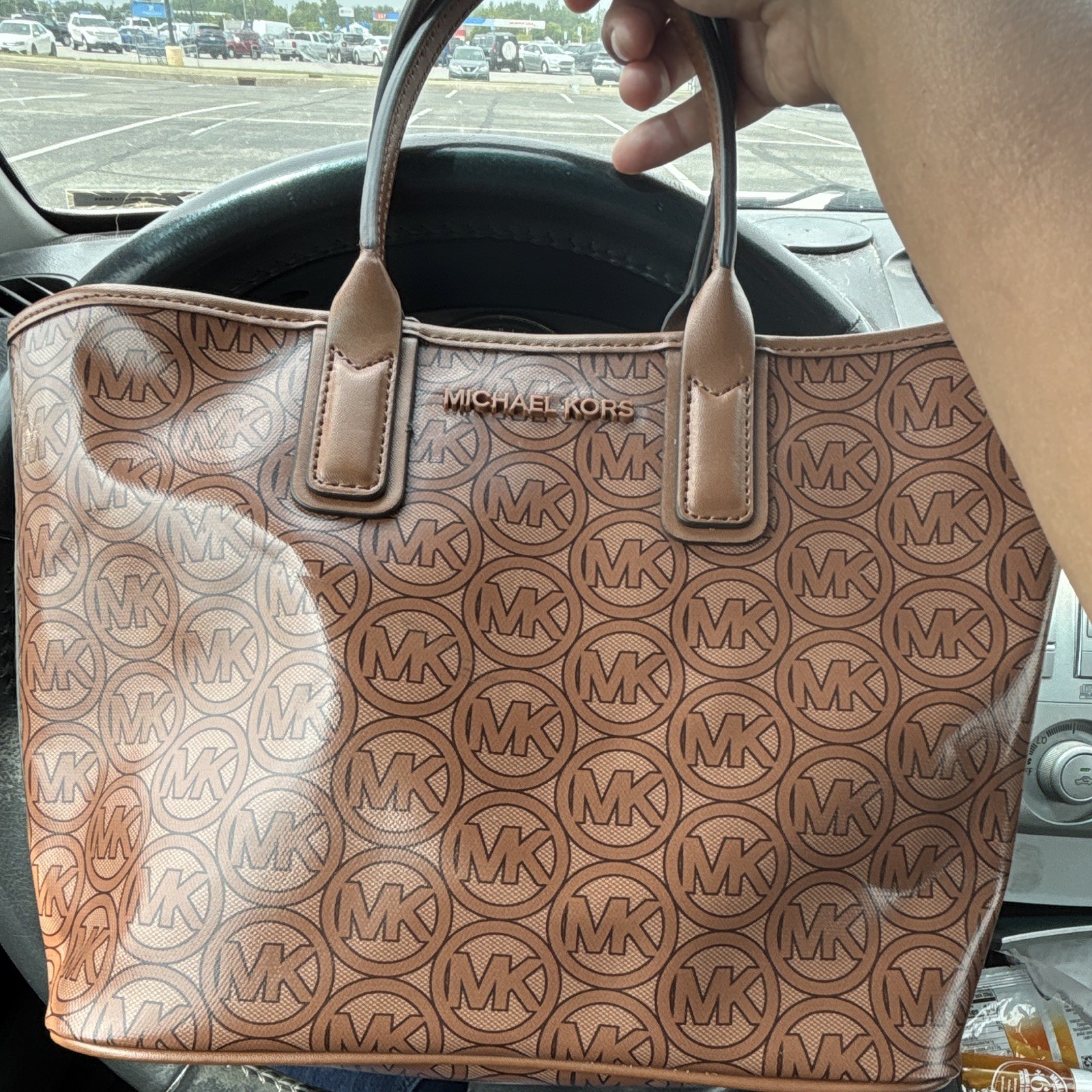 Michael Kors Brown Logo Monogram Tote small Double Handles Gold Hardware