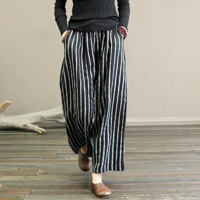 Women Cotton Linen Stripe Loose Wide Leg Trousers Elastic Drawstring Waist Pants