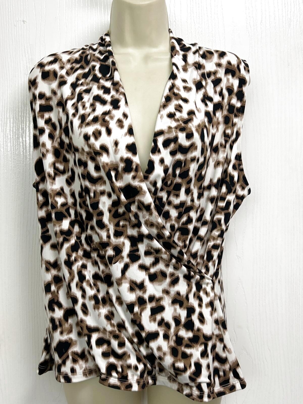 TAHARI Blouse Size XL Stylish Animal Print Sleeveless Surplice Casual NEW