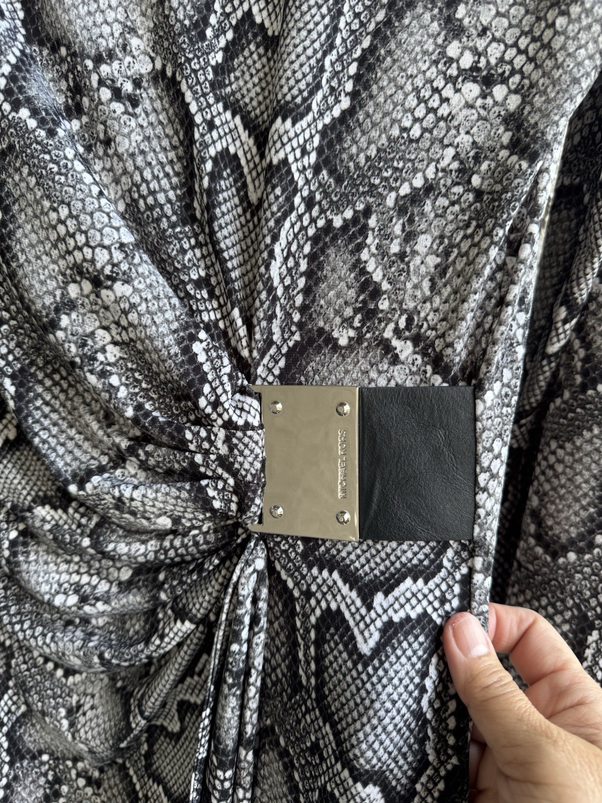 MICHAEL KORS Women’s Dress Logo Plate Faux Wrap Snakeskin Print Gunmetal Size M