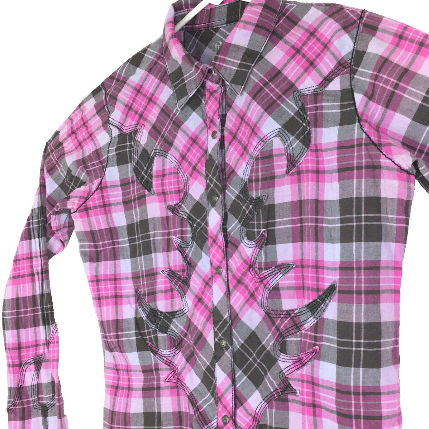 Wrangler Rock 47 Womens Medium M Purple Rhinestone Pearl Snap Western Shirt 38″