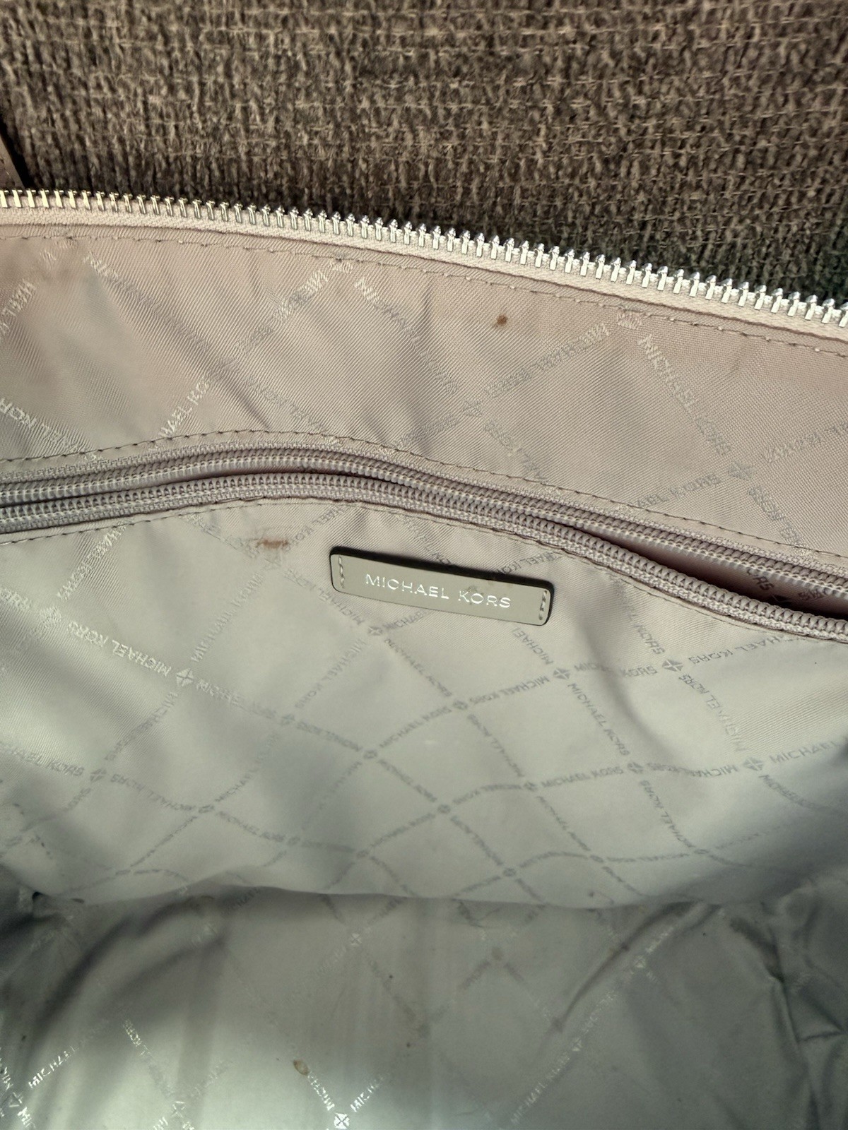 Michael Kors Silver Metallic Logo Large Zip Top Tote Bag w/ Charm