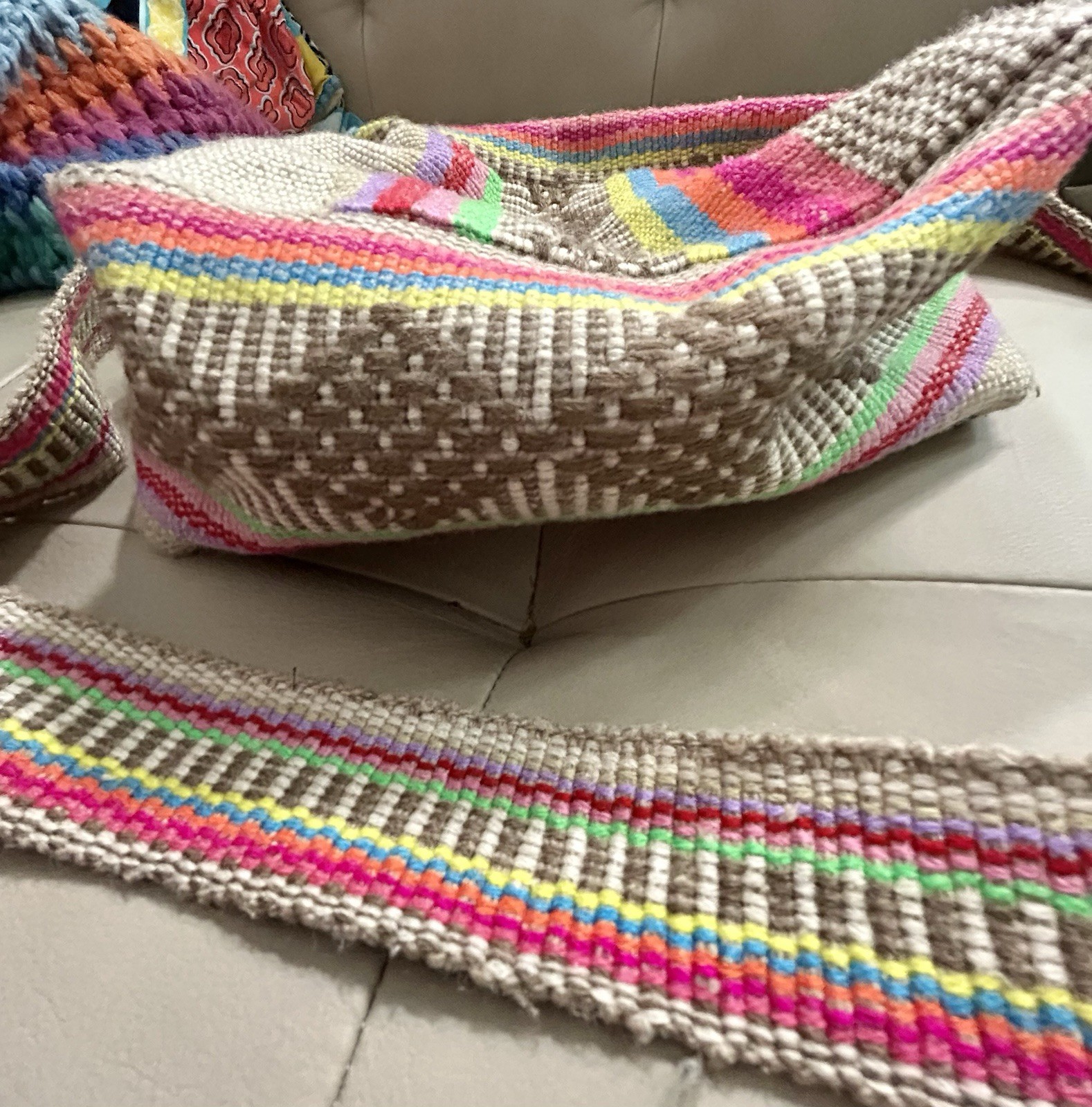 PINZON Woven Striped Beige Multicolor Crossbody Bag Zip, Adjustable Strap