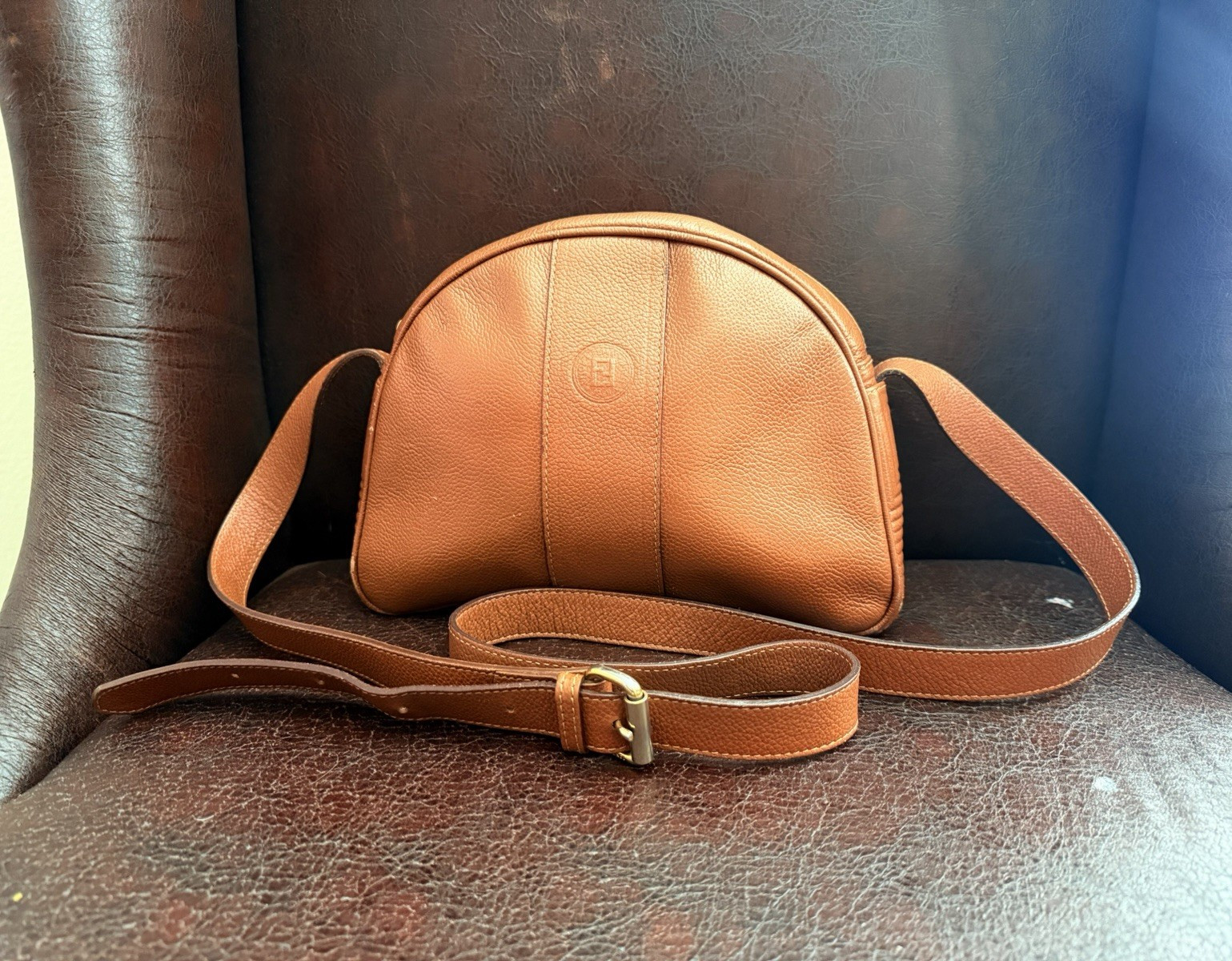 Fendi Brown Half Moon Small Crossbody Bag Pebbled Gold Zip Detachable Strap
