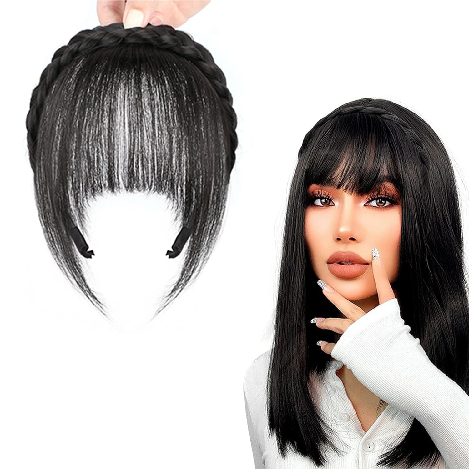 Fluffy Natural Fake Long Wig Synthetic Hair Band Bangs,Trendy Braid Headband USA