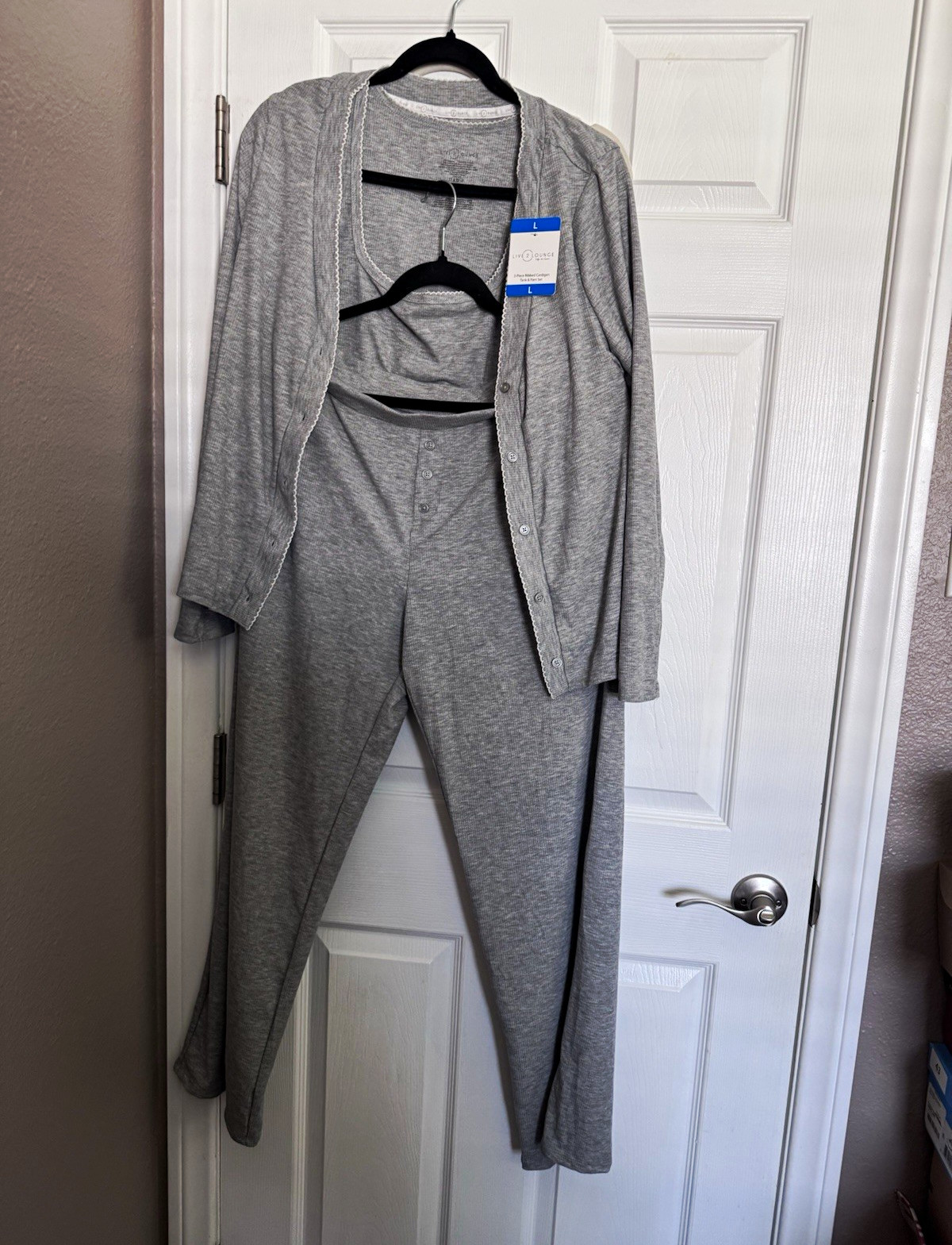 Live 2 Lounge 3-Piece Ribbed Button Lightweight Pajama Set Gray Women L