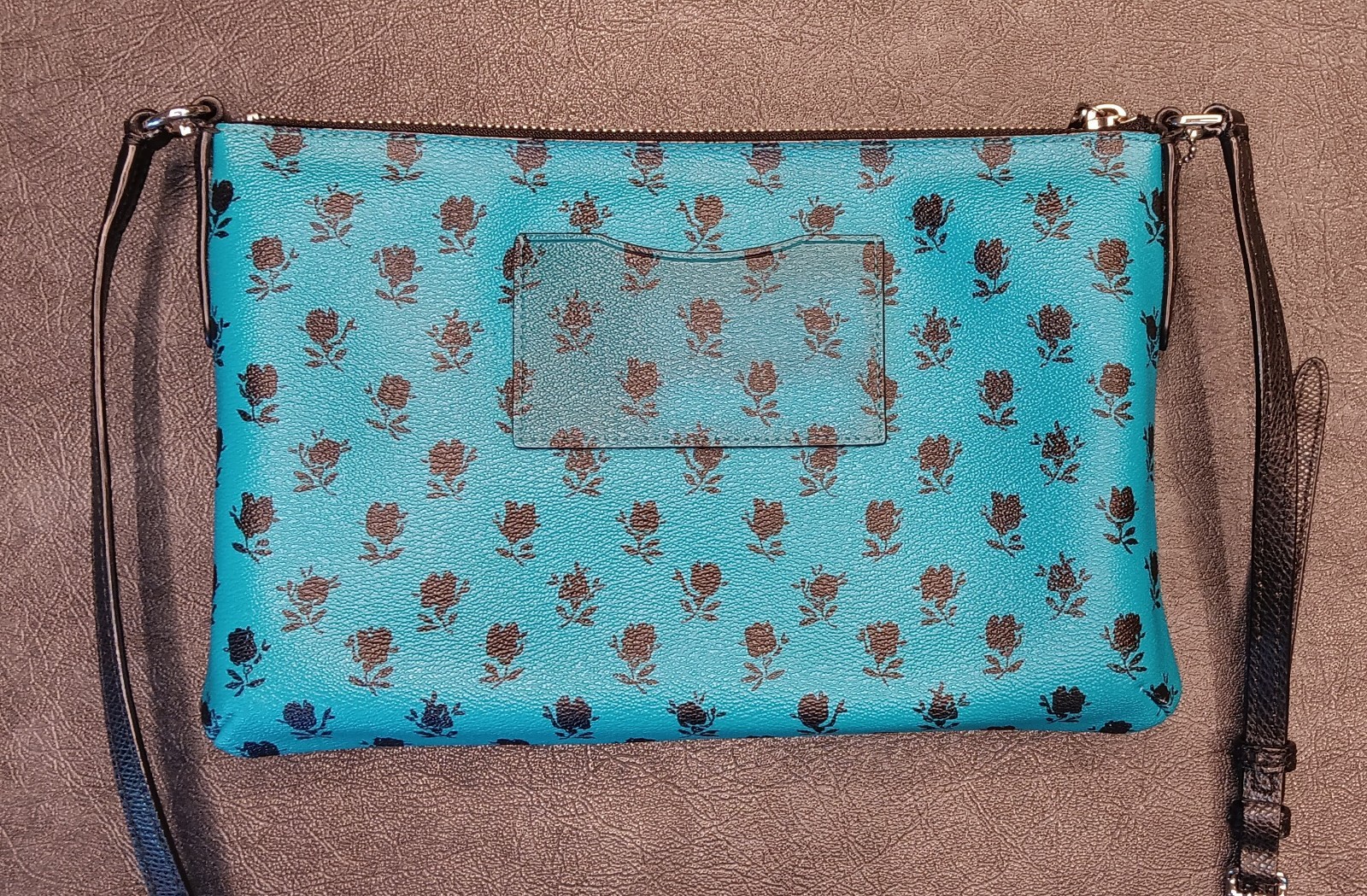 COACH Teal Blue Leather Floral Print w/ Pop Up Pouch Crossbody Bag #F38159 *READ