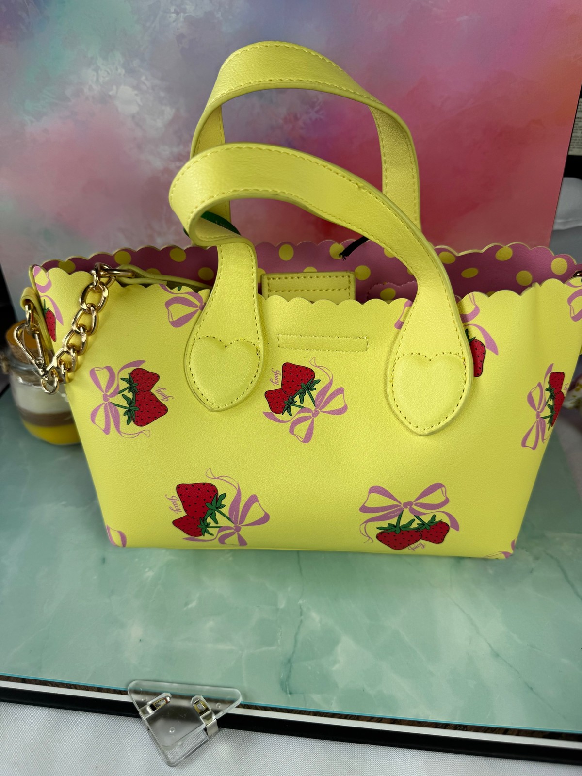 Betsey Johnson Sweet Strawberry Mini Tote Bag NWT Charm Yellow Pink