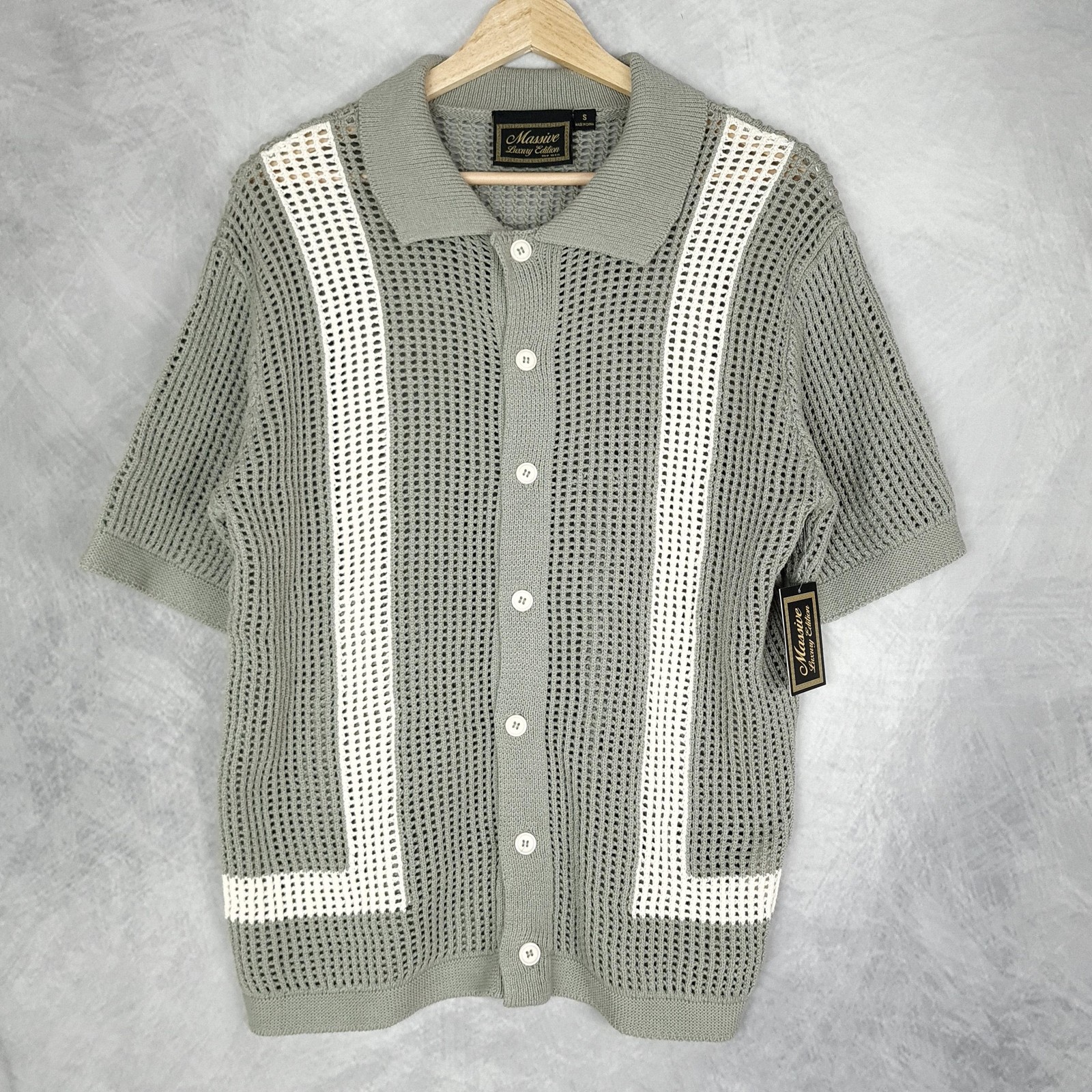 Crochet Knit Polo Shirt Mens Small Gray White Button Up Retro Massive Luxury