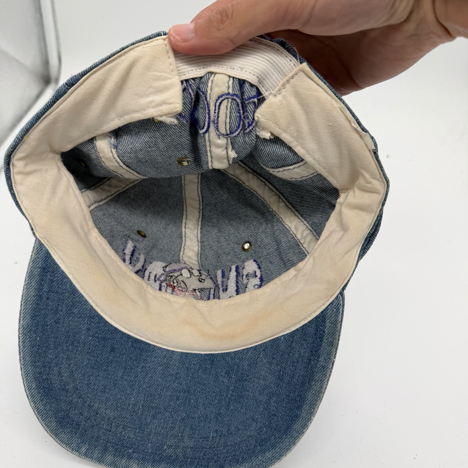 Vintage Snoopy Denim Hat One Size Elastic Stretch Fit Embroidered 90s