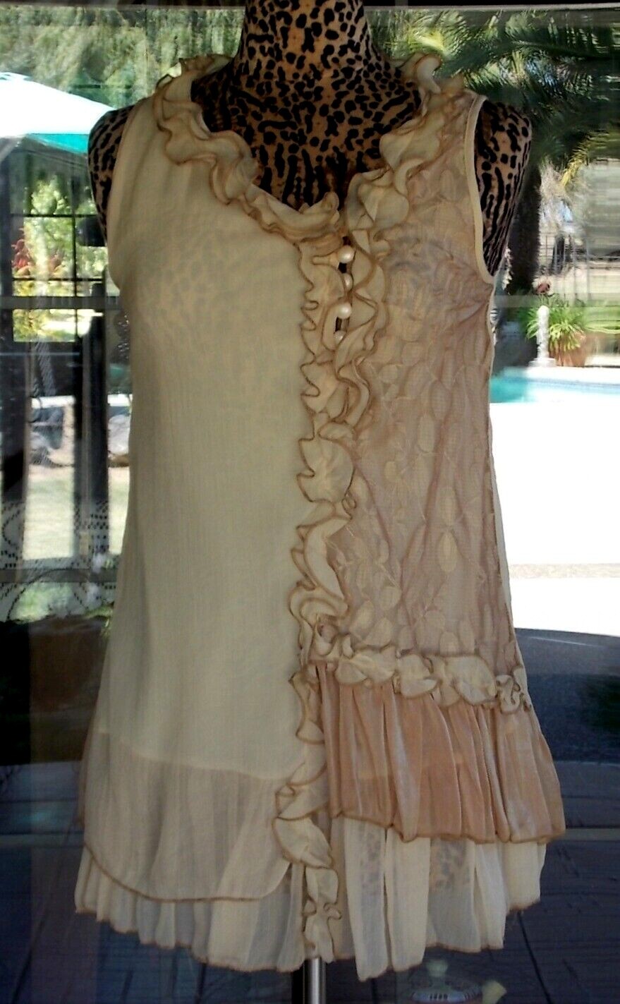 New Sleeveless Lined Lacy Ruffle Trim Silkblend Pretty Angel Tunic Shirt Sz. S