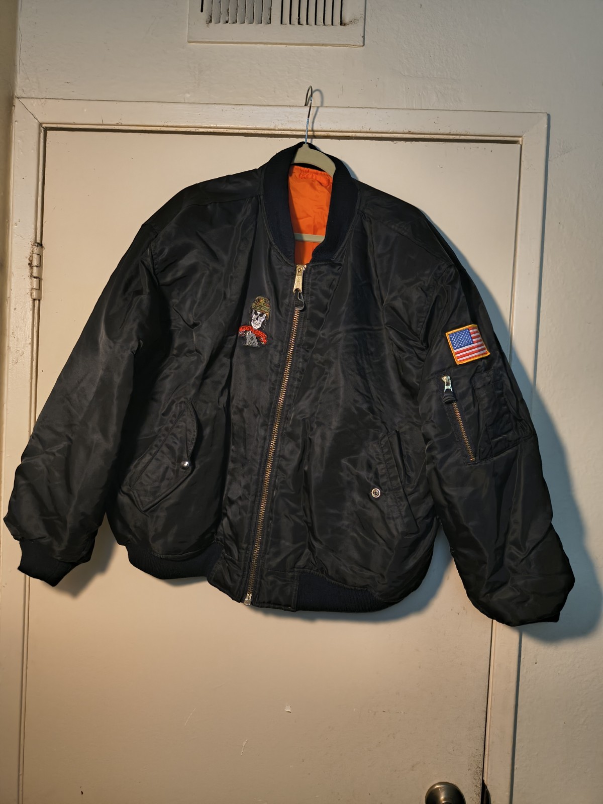 Flight Bomber Jacket XL Black Reversible Orange Military Style USA Patch Classic