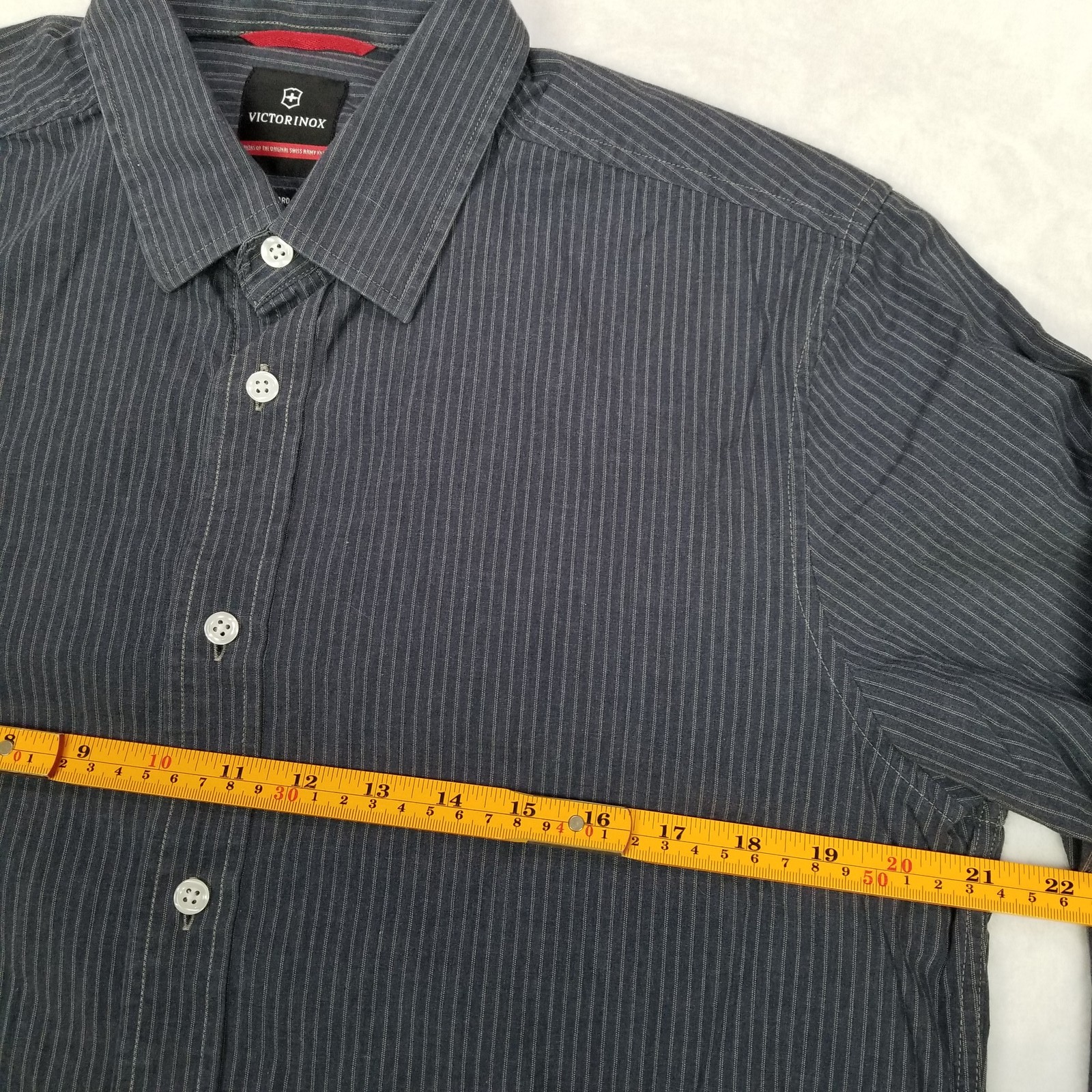 Victorinox Men’s M Dark Blue Pinstripe Button Down Shirt Standard Fit Long Sleev