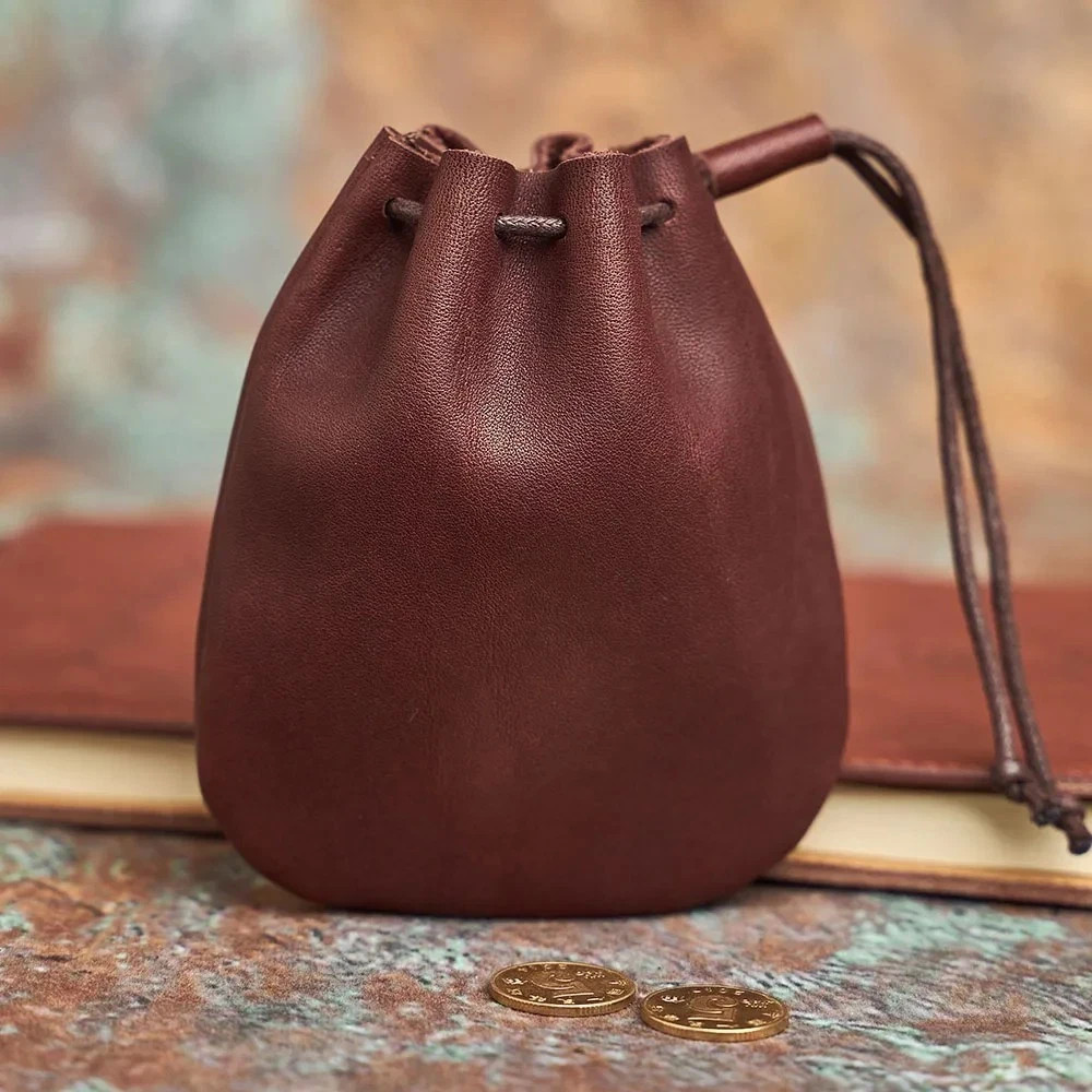 Leather Wallet Coin Pouch Case Drawstring String Bag Small Purse For Men Women