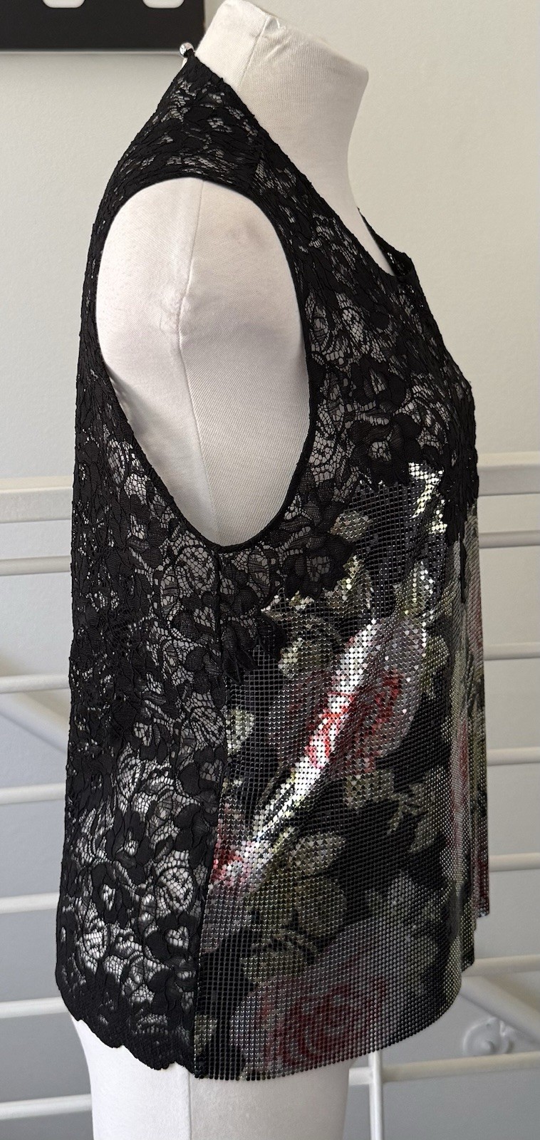 Paco Rabanne Floral-print Chainmail & Corded Black Lace Top Blouse Sz 38 FR/6 US