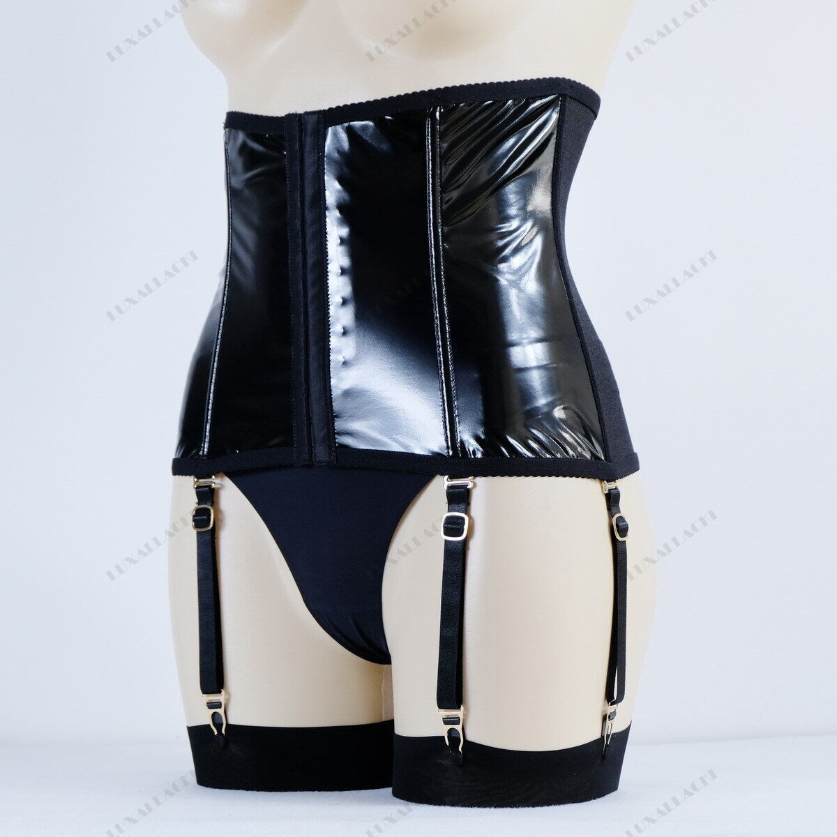 Luxallacki Mesh Pu Leopard Waist Cincher 6 Straps Garter Boned Shaping Corset