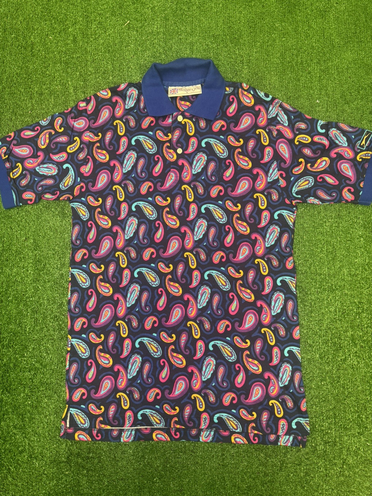 Vintage Slazenger Mens Golf Polo Shirt S Multicolored Paisley All Over Print
