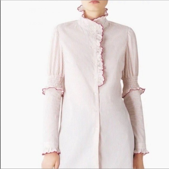 See by Chloe Beige Striped Cotton Ruffled Trim Button Up Blouse Top – 40