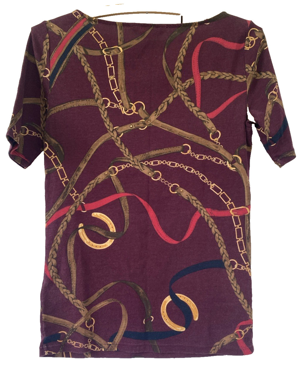 LAUREN RALPH LAUREN Equestrian Bridles Top Burgundy Cotton Stretch Knit Sz S