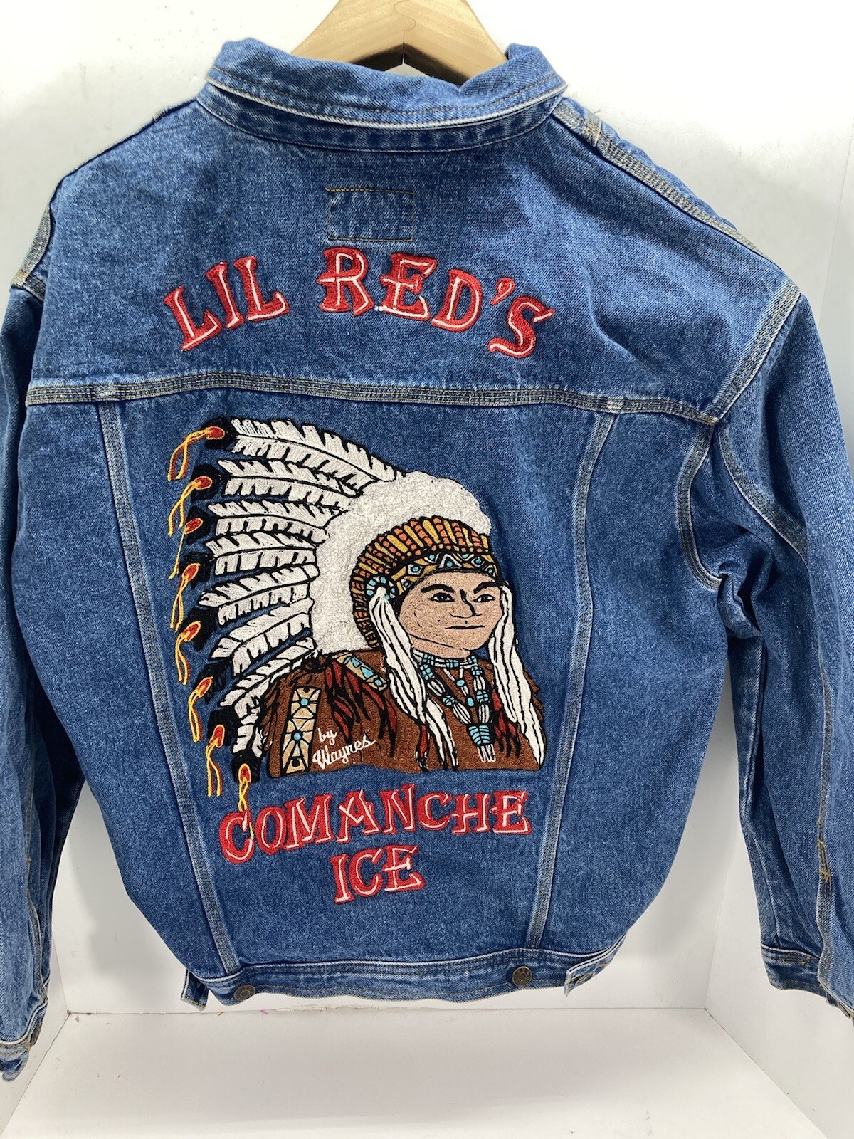 Comanche Chief Denim Trucker Jacket Men Size Small Embroidered Button VTG Unique