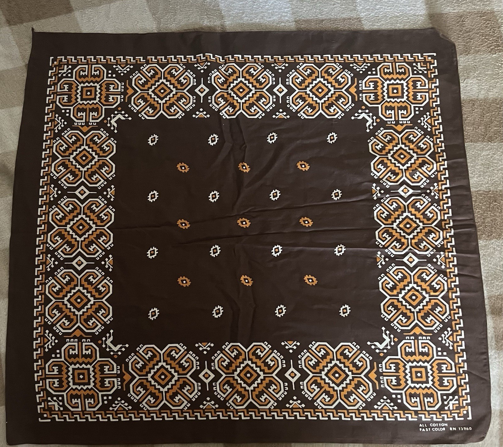 Vintage 40s 50s Brown Bandana Trunk Up 22” x 20.5” Deadstock Dots Fast Color
