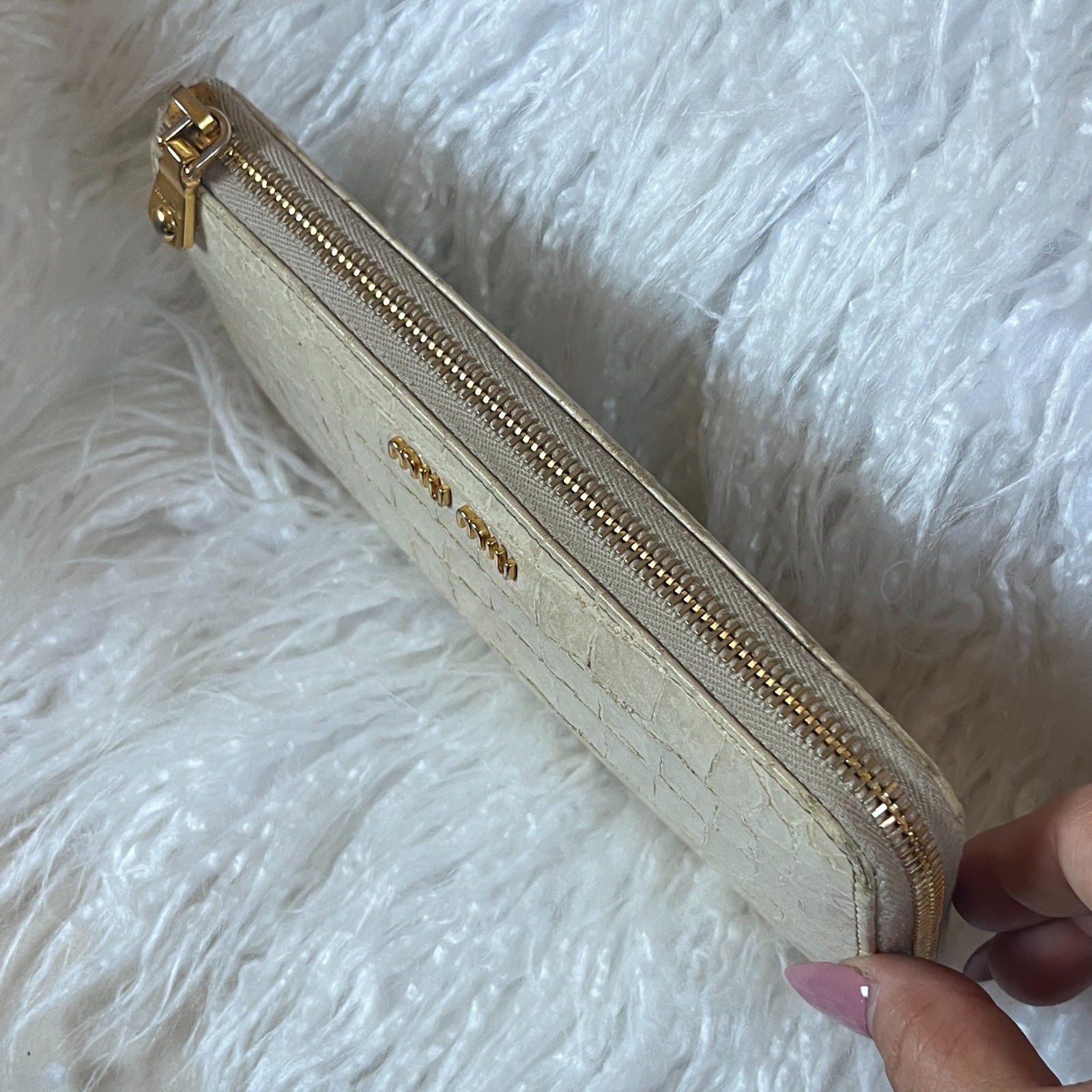 Miu Miu Beige Croc Embossed Zip Clutch Wallet