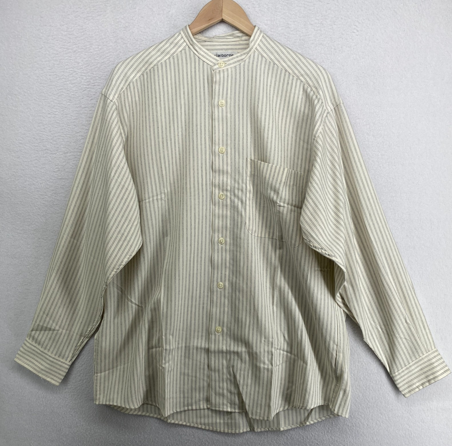 CLAIBORNE Shirt Mens M Striped Band Collar Button Up Long Sleeve Off White VTG