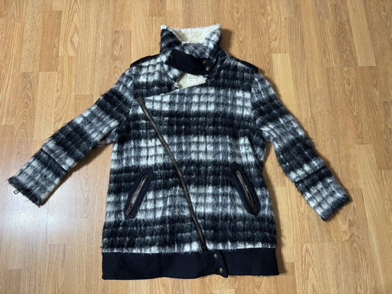 Free People Plaid Sherpa Moto Jacket Coat Size Small FP