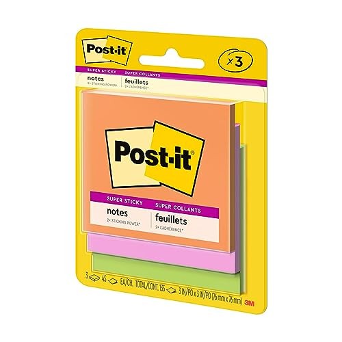 Post-it Super Sticky Notes, 3×3 in, 3 Pads, 2x the Sticking Power, Bright Color