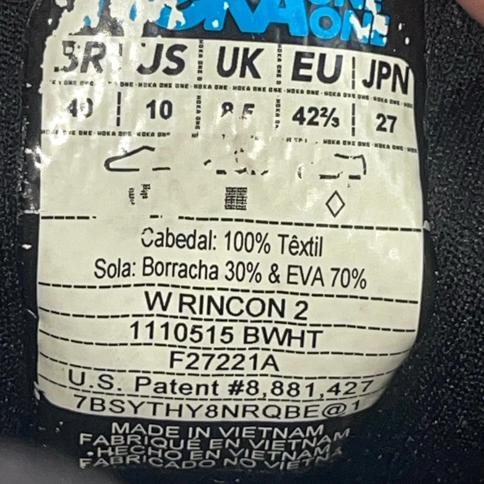 Hoka One One Rincon 2 Womens 10 Black White Athletic Running Shoes 1110515 BWHT
